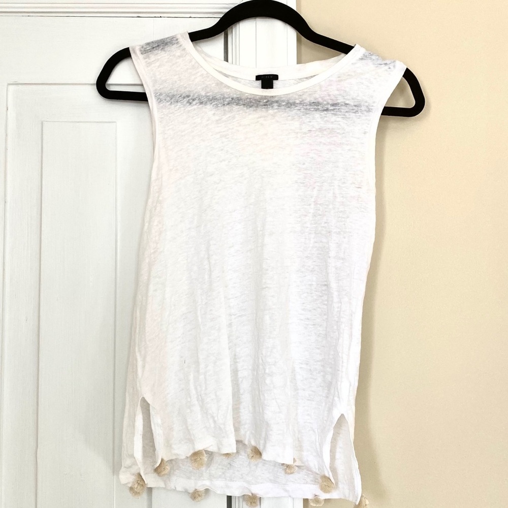 J. Crew White Linen Pom-Pom Tank Top
